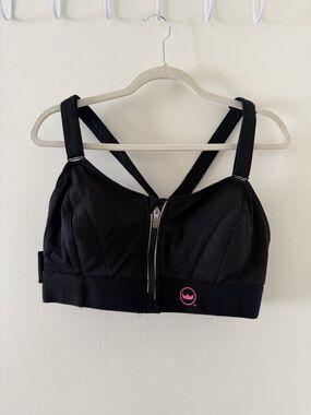SHEFIT Black Front-Zip Sports Bra with Pink Logo Adjustable Straps